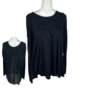 W5 Black Knit Top Sheer Flyaway Back Long Sleeve Large Relaxed Fit Business